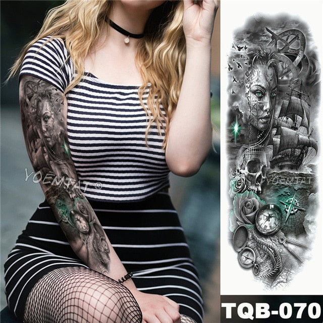 Large Arm Sleeve Tattoo Japanese Geisha Snake Waterproof Temporary Tatto Sticker Lotus Peacock Girl Tatoo Body Art Women