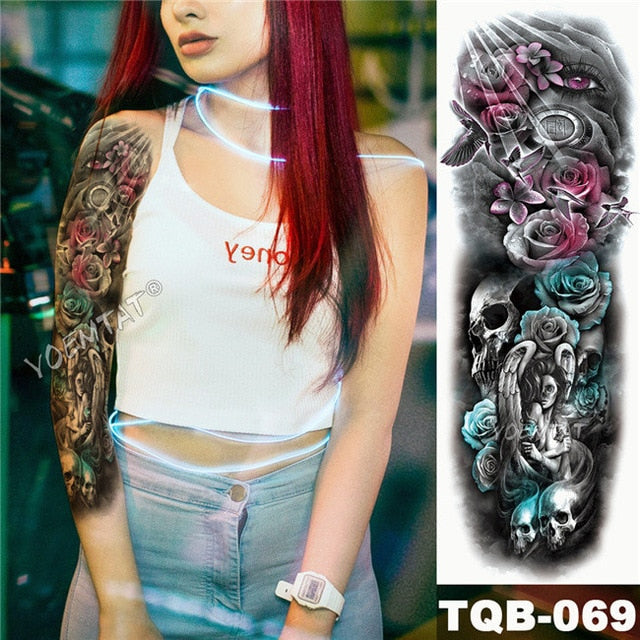 Large Arm Sleeve Tattoo Japanese Geisha Snake Waterproof Temporary Tatto Sticker Lotus Peacock Girl Tatoo Body Art Women