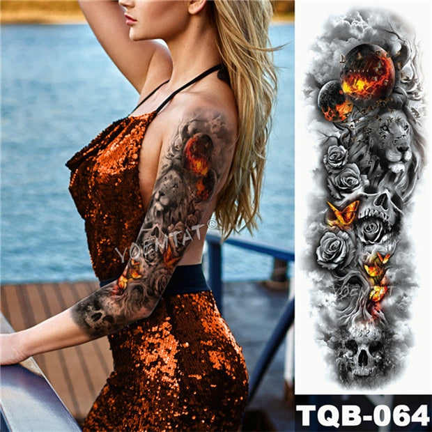 Large Arm Sleeve Tattoo Japanese Geisha Snake Waterproof Temporary Tatto Sticker Lotus Peacock Girl Tatoo Body Art Women