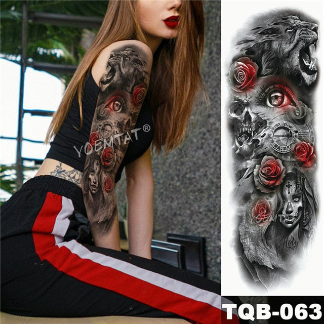 Large Arm Sleeve Tattoo Japanese Geisha Snake Waterproof Temporary Tatto Sticker Lotus Peacock Girl Tatoo Body Art Women