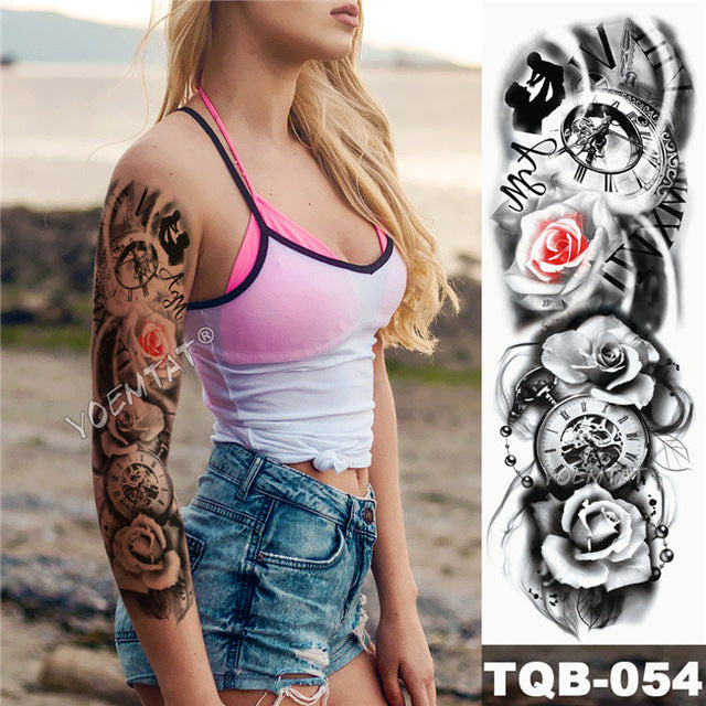Large Arm Sleeve Tattoo Japanese Geisha Snake Waterproof Temporary Tatto Sticker Lotus Peacock Girl Tatoo Body Art Women
