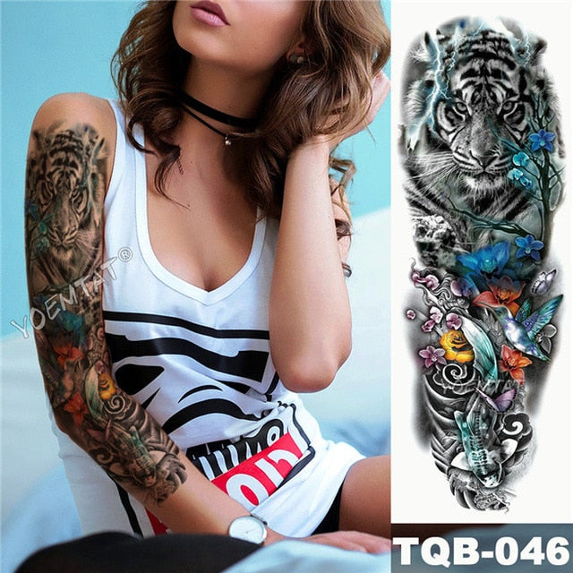 Large Arm Sleeve Tattoo Japanese Geisha Snake Waterproof Temporary Tatto Sticker Lotus Peacock Girl Tatoo Body Art Women