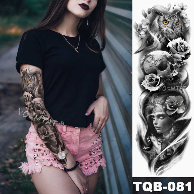 Large Arm Sleeve Tattoo Japanese Geisha Snake Waterproof Temporary Tatto Sticker Lotus Peacock Girl Tatoo Body Art Women