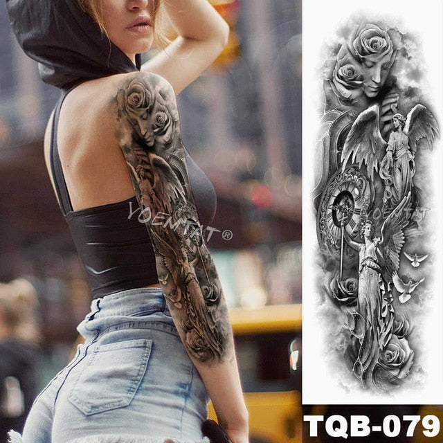 Large Arm Sleeve Tattoo Japanese Geisha Snake Waterproof Temporary Tatto Sticker Lotus Peacock Girl Tatoo Body Art Women