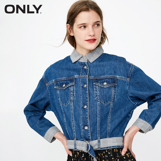 ONLY Women's Plaid Splice Pleated Short Denim Jacket | 118354510