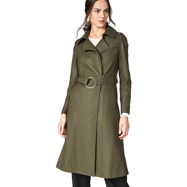 Long Length Turn Down Collar Premium Leather Trench Coat For Women With Belt