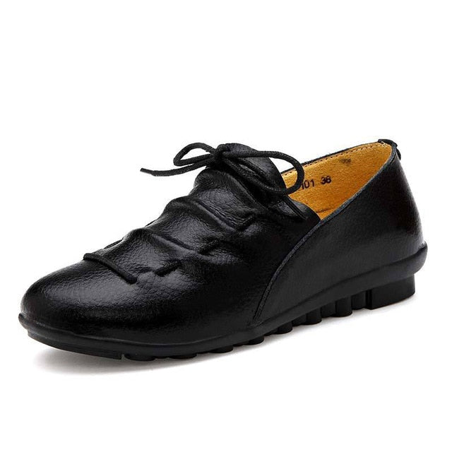 Spring To Winter Girls Pure Leather Lace Up Pleated Flat Rubber High Street Shoe