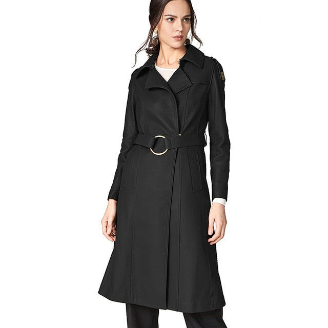 Long Length Turn Down Collar Premium Leather Trench Coat For Women With Belt