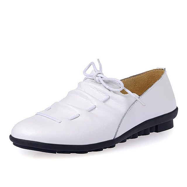 Spring To Winter Girls Pure Leather Lace Up Pleated Flat Rubber High Street Shoe