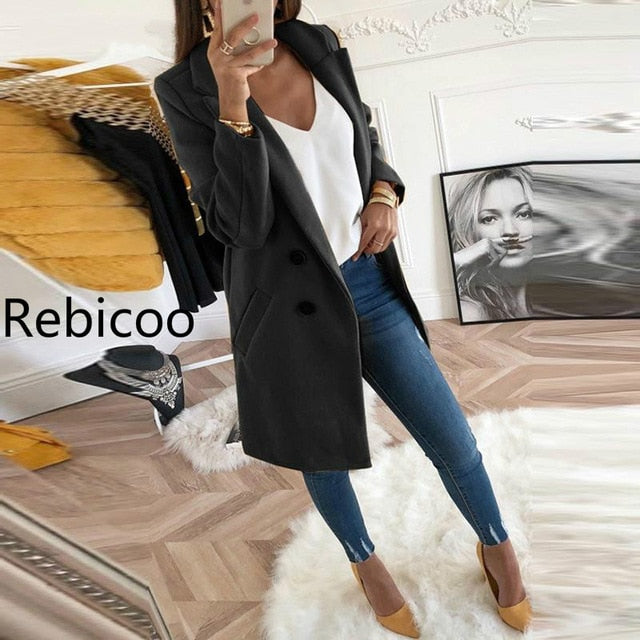 New Women Long Sleeve Turn Down Collar Outwear Jacket Wool Blend Coat Casual Autumn Winter Elegant Overcoat Loose Plus Size
