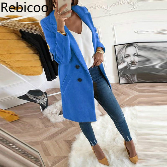 New Women Long Sleeve Turn Down Collar Outwear Jacket Wool Blend Coat Casual Autumn Winter Elegant Overcoat Loose Plus Size