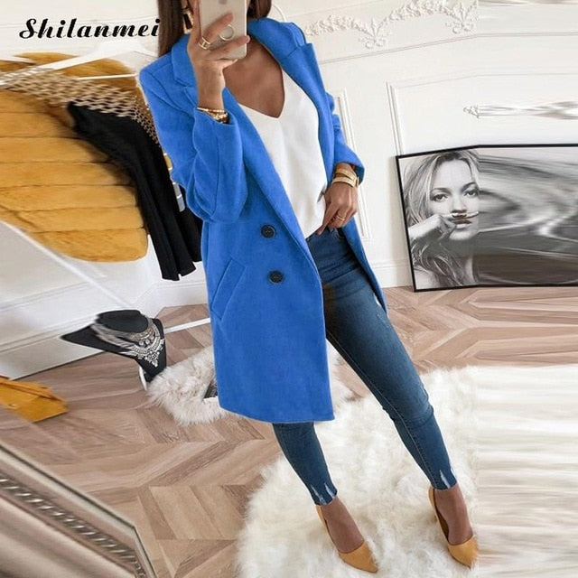 2018 New Women Long Sleeve Turn Down Collar Outwear Jacket Wool Blend Coat Casual Autumn Winter Elegant Overcoat Loose Plus Size