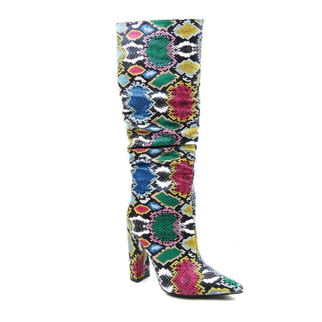 Colorful Snake Skin Boots Women High Heel Thick Boot Snakeskin Pointed Toe Zip Shoes