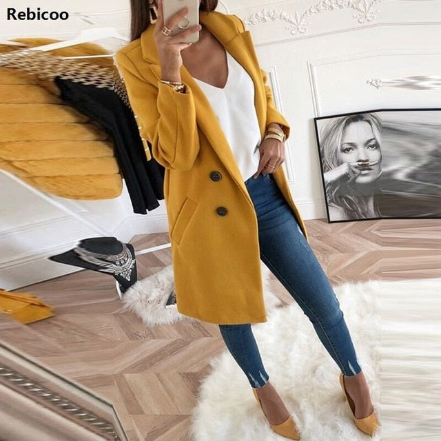 New Women Long Sleeve Turn Down Collar Outwear Jacket Wool Blend Coat Casual Autumn Winter Elegant Overcoat Loose Plus Size