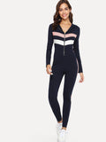 Cut and Sew Zip Front Form Fitting Jumpsuit