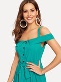 Perfect Summer Foldover Cold Shoulder Button Through Belt Dress