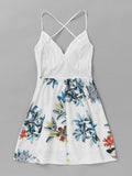 Criss Cross Back Lace Panel Tropical Print Dress