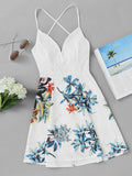 Criss Cross Back Lace Panel Tropical Print Dress