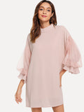 Pearl Beaded Sheer Mesh Panel Sleeve Dress