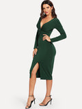 Deep V Neck Twist Front Split Dress