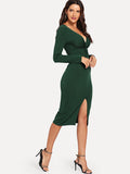 Deep V Neck Twist Front Split Dress