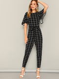 Full Set Flutter Sleeve Belted Grid Jumpsuit With White and Black Mixed
