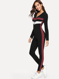 Cut and Sew Zip Front Form Fitting Jumpsuit