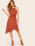 Tulip Hem Polka Dot Belted Cami Dress