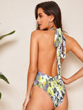 Backless One Piece Swimsuit with Grey & Yellow Graphics