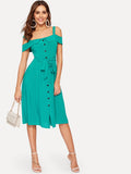 Perfect Summer Foldover Cold Shoulder Button Through Belt Dress