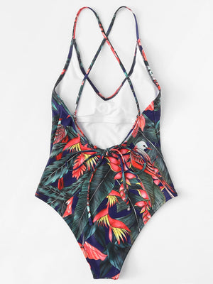 Tropical Print Criss Cross Back One Piece Swimwear