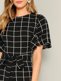 Full Set Flutter Sleeve Belted Grid Jumpsuit With White and Black Mixed