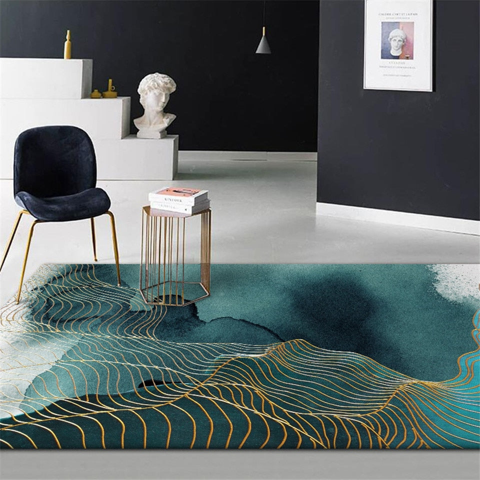 Abstract Green Golden Strip Floor Painting Pattern Anti slip Carpet