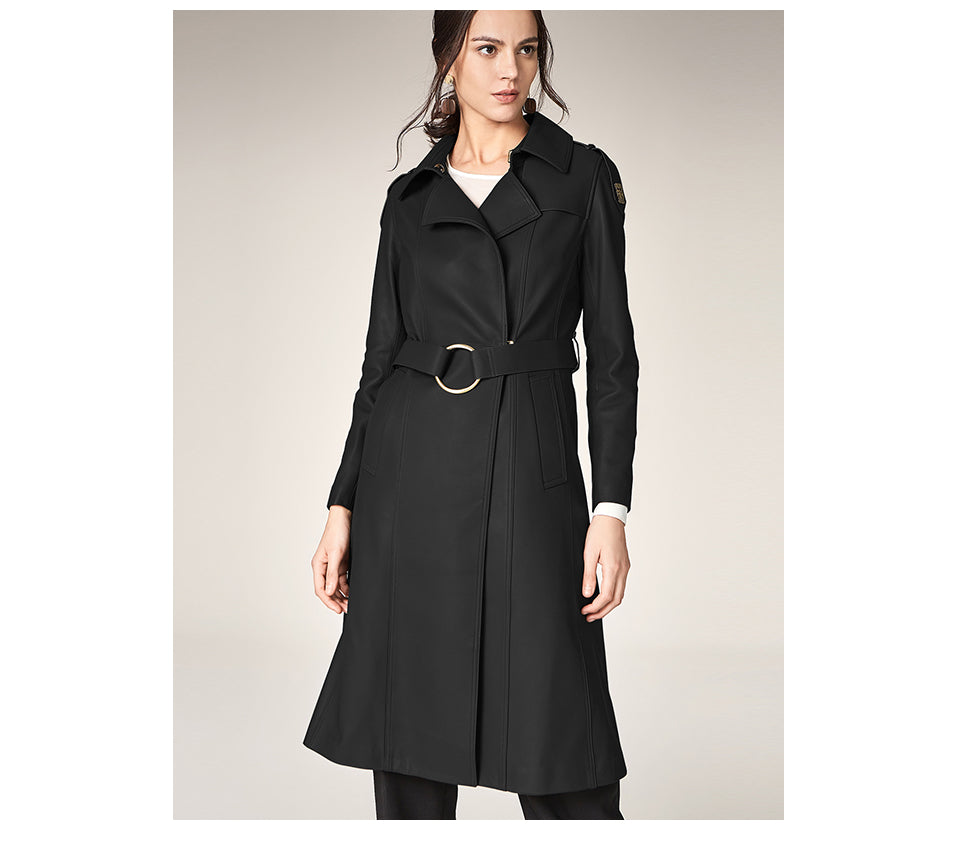 Long Length Turn Down Collar Premium Leather Trench Coat For Women With Belt