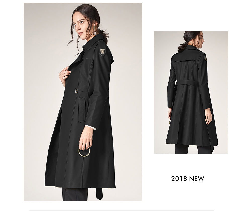 Long Length Turn Down Collar Premium Leather Trench Coat For Women With Belt