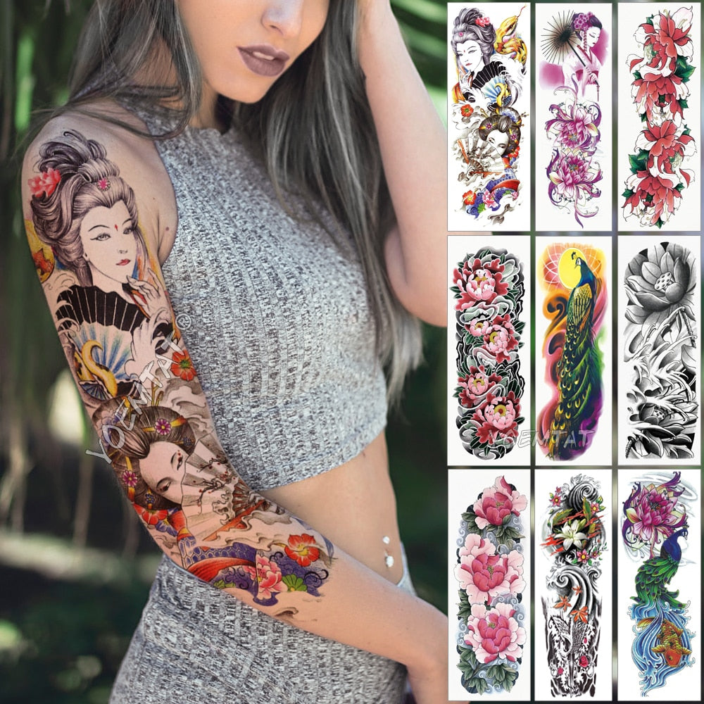 Large Arm Sleeve Tattoo Japanese Geisha Snake Waterproof Temporary Tatto Sticker Lotus Peacock Girl Tatoo Body Art Women