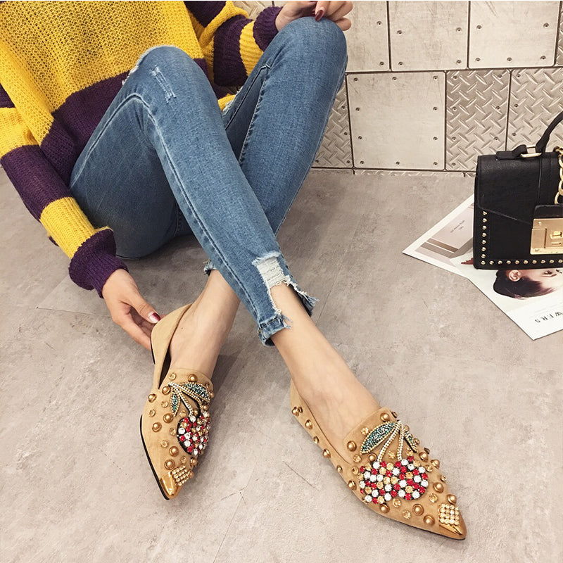 Rainstone Cherry Spring To Winter Casual And High Street Wear Flat Loafer Women Shoe
