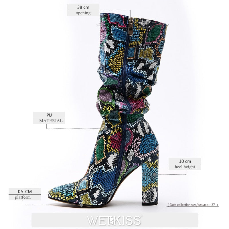 Colorful Snake Skin Boots Women High Heel Thick Boot Snakeskin Pointed Toe Zip Shoes