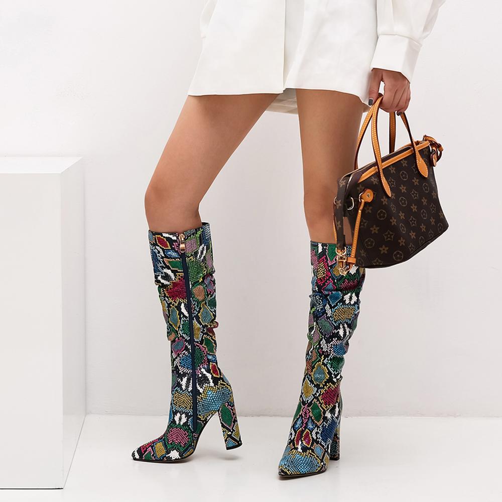 Colorful Snake Skin Boots Women High Heel Thick Boot Snakeskin Pointed Toe Zip Shoes