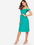 Perfect Summer Foldover Cold Shoulder Button Through Belt Dress