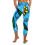 Soft Fabric High Waistband Yoga Capri Leggings Blue Sun Flower