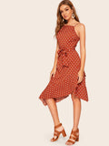 Tulip Hem Polka Dot Belted Cami Dress