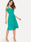 Perfect Summer Foldover Cold Shoulder Button Through Belt Dress