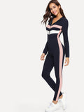 Cut and Sew Zip Front Form Fitting Jumpsuit