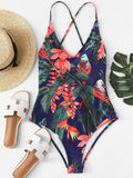 Tropical Print Criss Cross Back One Piece Swimwear