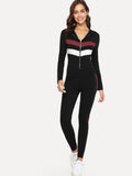 Cut and Sew Zip Front Form Fitting Jumpsuit