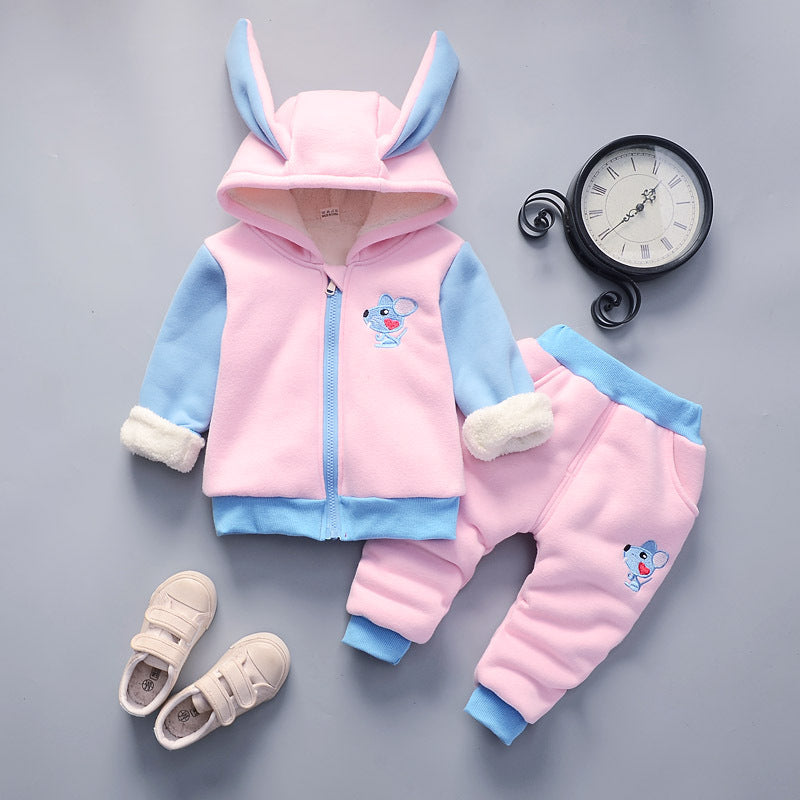 Small Girls Cotton Two Piece Pink Winter Fashion And Protection