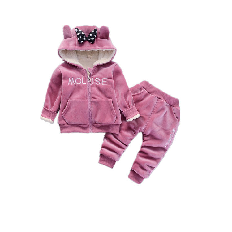 Cashmere Hooded Children Two Piece Winter Pants Suit