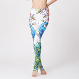 Peacock Crane Printed Yoga Pants Women Tight Waist