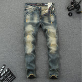 Denim Vintage Italian Classic Premium Cotton Slim Fit Slight Ripped Mens High Street Jeans